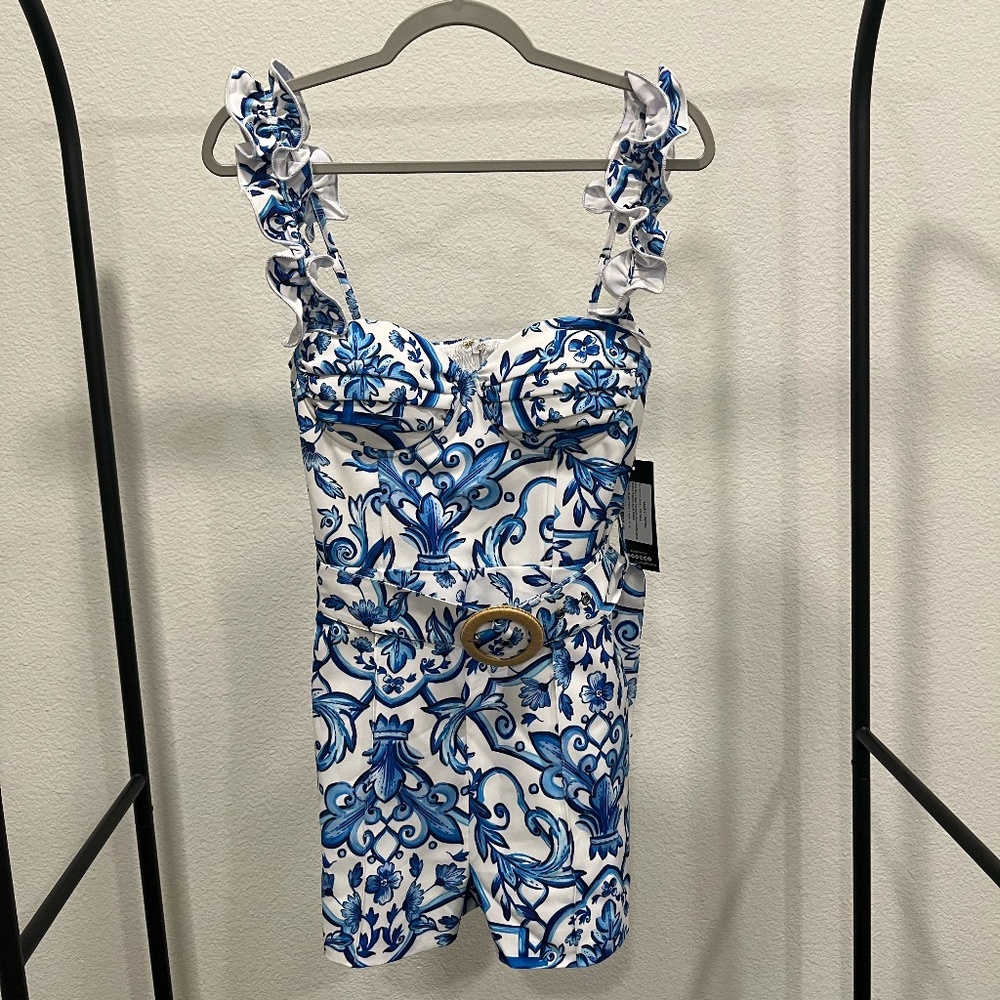 NWT CLUB L LONDON | One Day | Blue Porcelain Print Ruffle-Strap Belted Playsuit - Picture 3 of 12